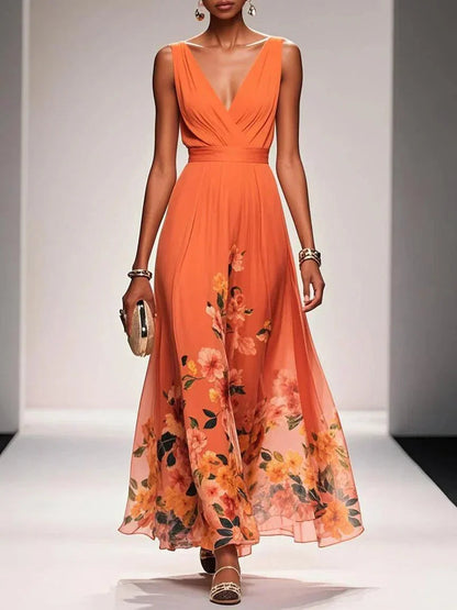 Women's Floral Print V-Neck Chiffon Maxi - Wedding Guest Dress – House of Velari