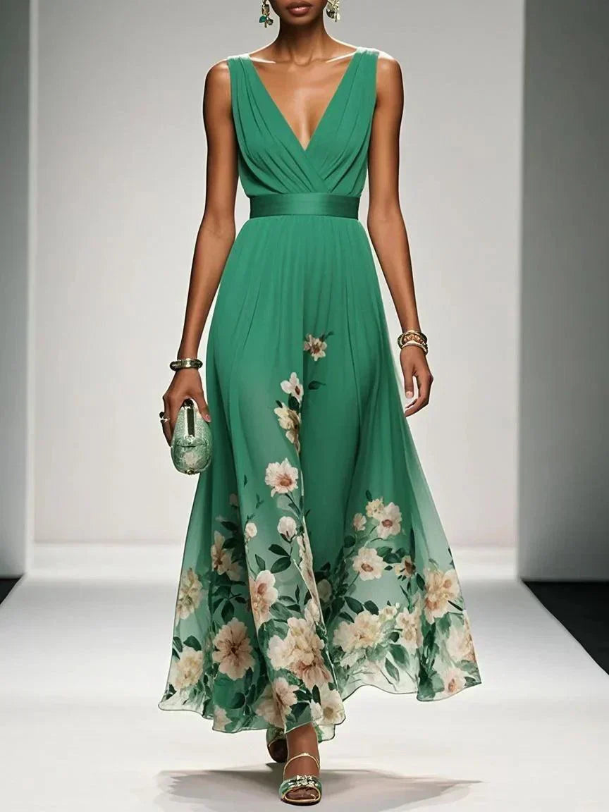 Women's Floral Print V-Neck Chiffon Maxi - Wedding Guest Dress – House of Velari