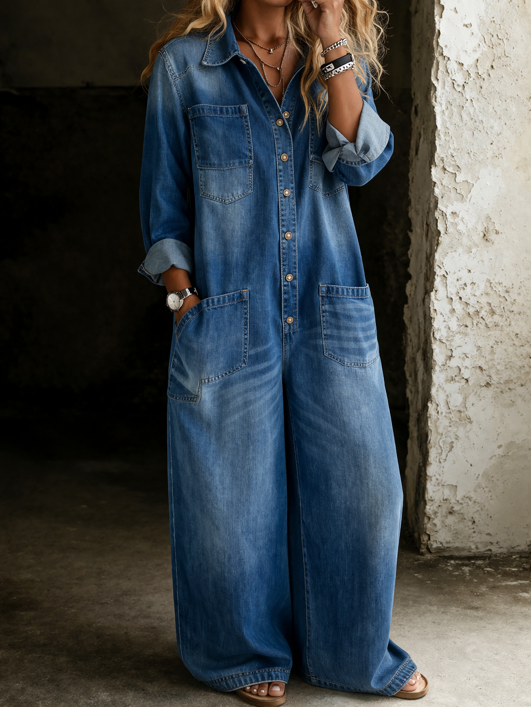 Women's Denim Button-Front Wide Leg Jumpsuit – House of Velari