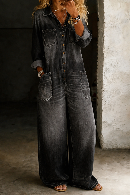 Women's Denim Button-Front Wide Leg Jumpsuit – House of Velari