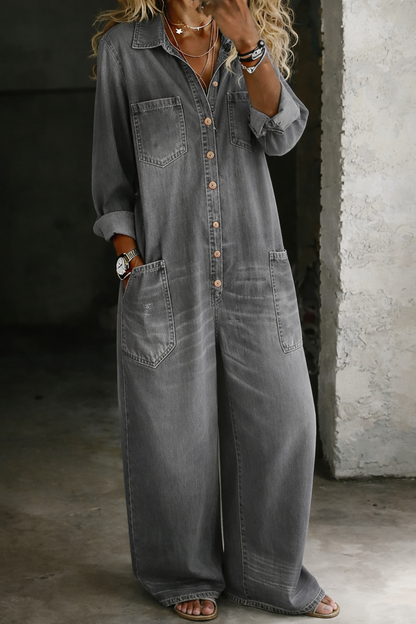 Women's Denim Button-Front Wide Leg Jumpsuit – House of Velari