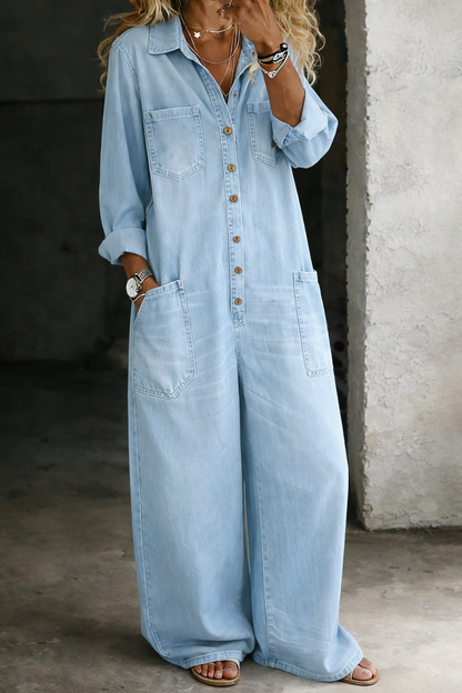 Women's Denim Button-Front Wide Leg Jumpsuit – House of Velari