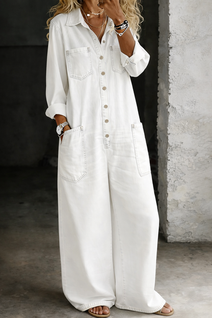 Women's Denim Button-Front Wide Leg Jumpsuit – House of Velari