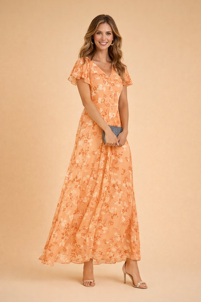 Women's Floral Chiffon Wrap V-Neck Maxi Dress Flutter – House of Velari