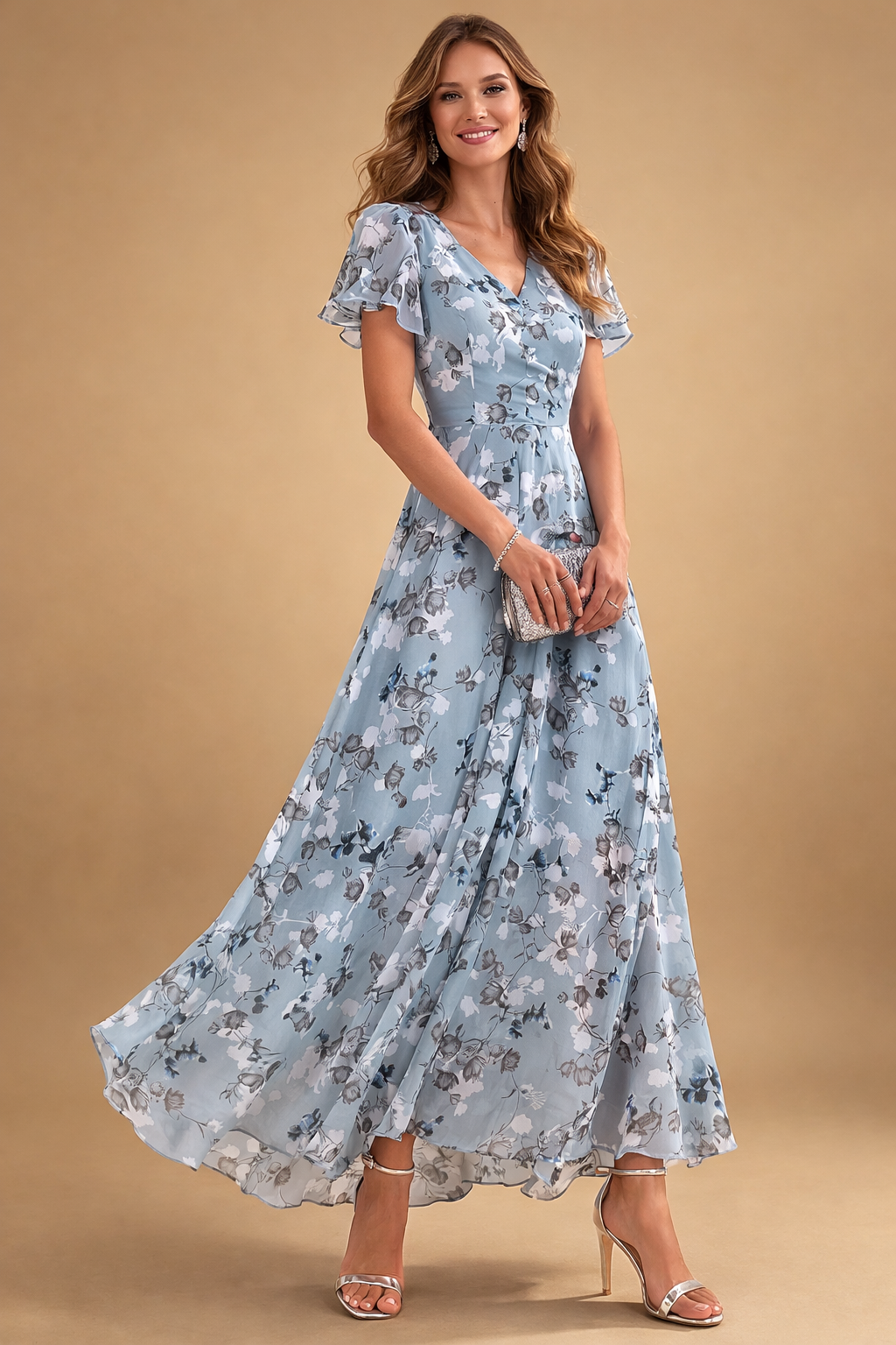 Women's Floral Chiffon Wrap V-Neck Maxi Dress Flutter – House of Velari
