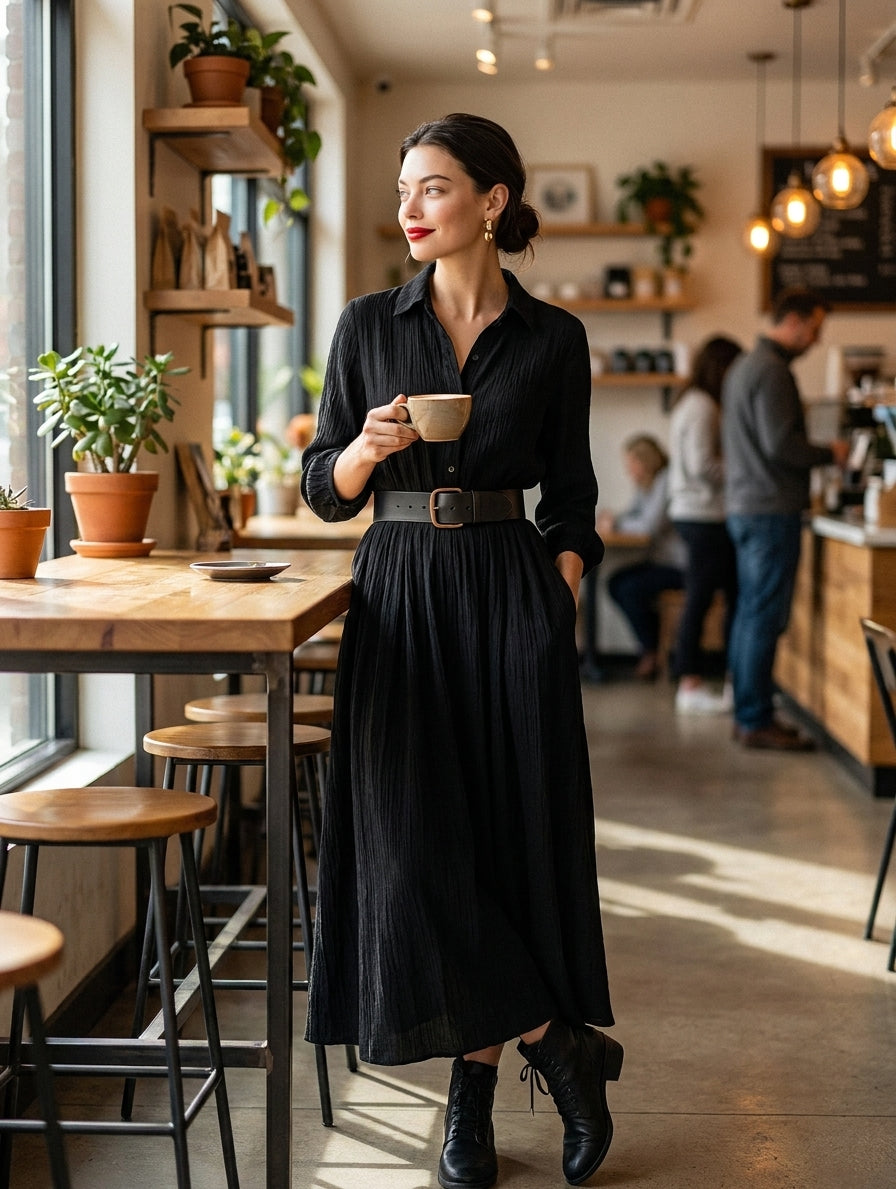 Women's Black Pleated Vintage Maxi Dress – House of Velari
