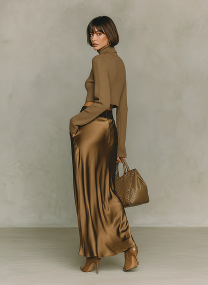 Women's Brown Knit Turtleneck Midi Skirt – House of Velari