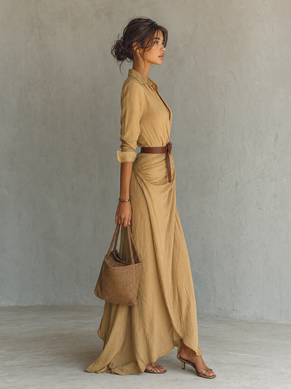 Women's Long Sleeve Belted Lapel Maxi Dress – House of Velari