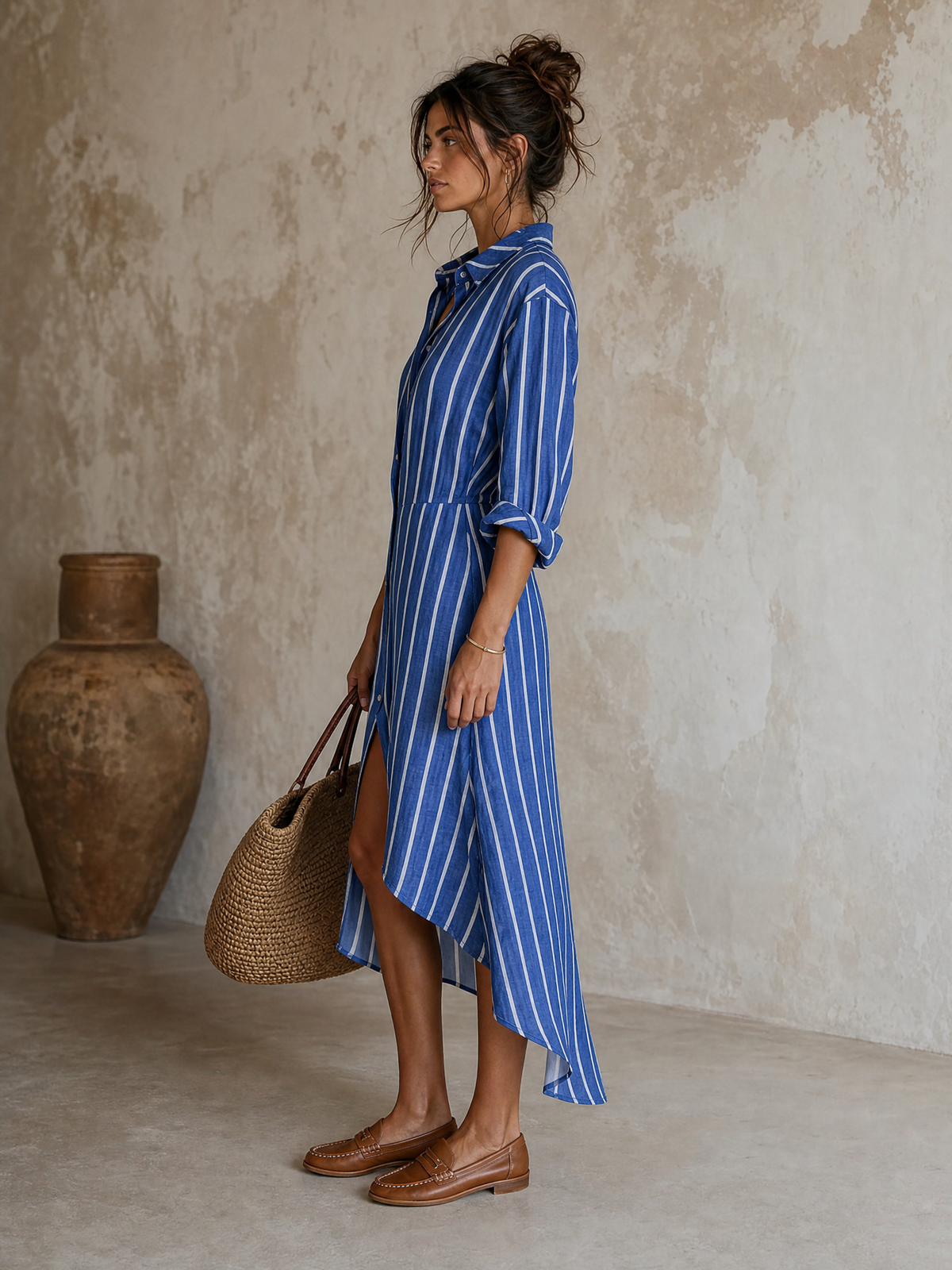 Women's Long Sleeve Asymmetric Striped Midi Dress – House of Velari