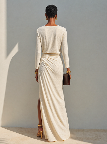 Women's Beige Cotton Ruched Slit Maxi Dress – House of Velari
