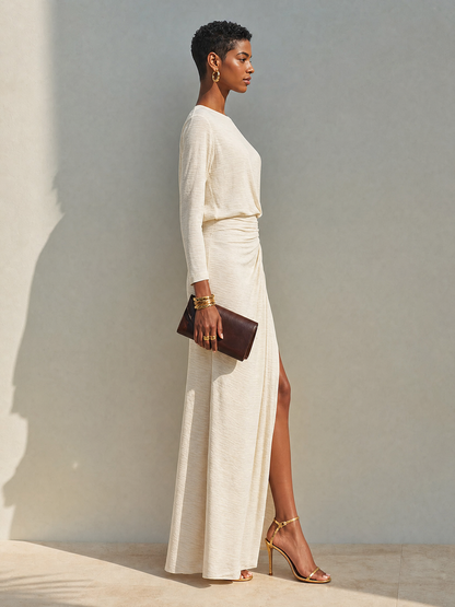 Women's Beige Cotton Ruched Slit Maxi Dress – House of Velari