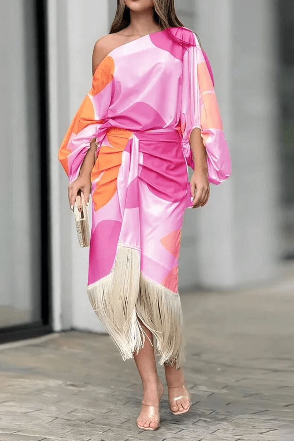 Women's One-Shoulder Wrap Midi Dress – Fringe Hem – House of Velari