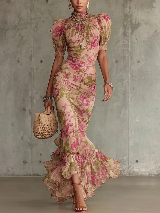 Women's High Neck Floral Chiffon Maxi Dress – House of Velari