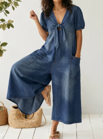 Women's V-Neck Tie-Front Wide Leg Jumpsuit – House of Velari