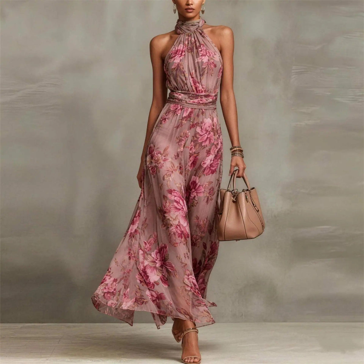 Women's Wedding Guest Floral Halter Neck Maxi Dress – House of Velari