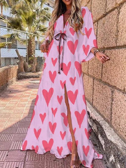 Women's V-Neck Printed Maxi Dress – Long Sleeve Belted Wrap Maxi Dress with Slit – House of Velari