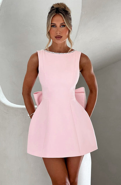 Women's Cocktail Mini Dress Pearl Trim A-Line Bow Back Wedding – House of Velari