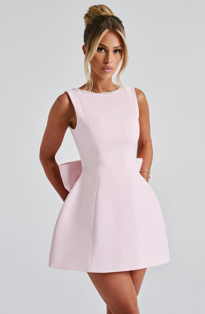Women's Cocktail Mini Dress Pearl Trim A-Line Bow Back Wedding – House of Velari