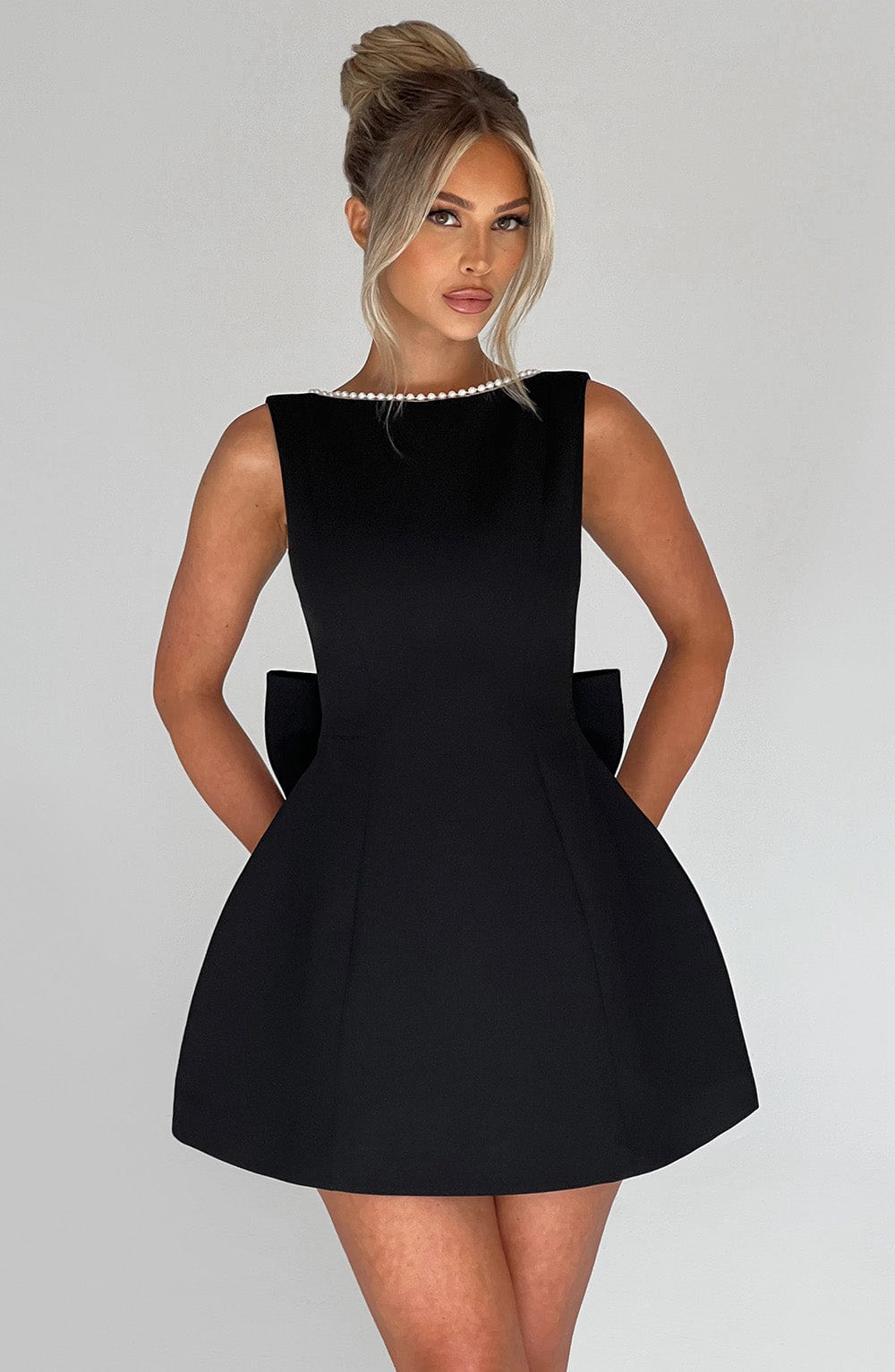 Women's Cocktail Mini Dress Pearl Trim A-Line Bow Back Wedding – House of Velari
