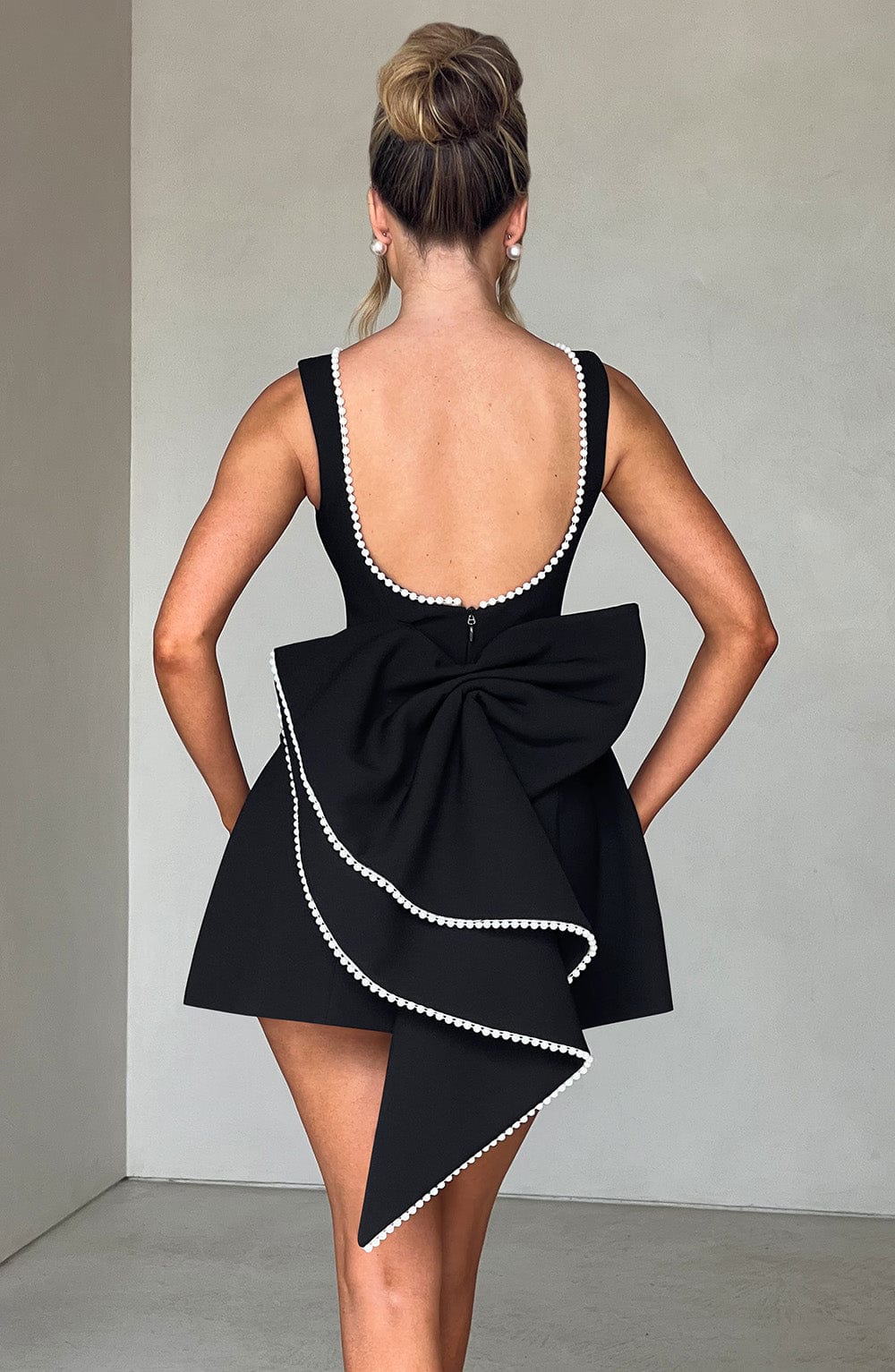 Women's Cocktail Mini Dress Pearl Trim A-Line Bow Back Wedding – House of Velari