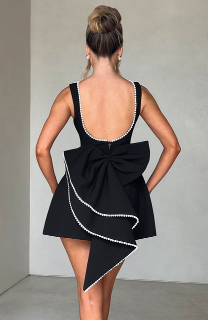 Women's Cocktail Mini Dress Pearl Trim A-Line Bow Back Wedding – House of Velari