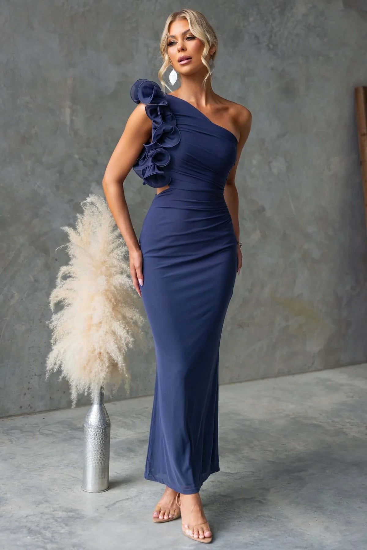Women's One-Shoulder Maxi Dress Ruffles Wedding Guest – House of Velari