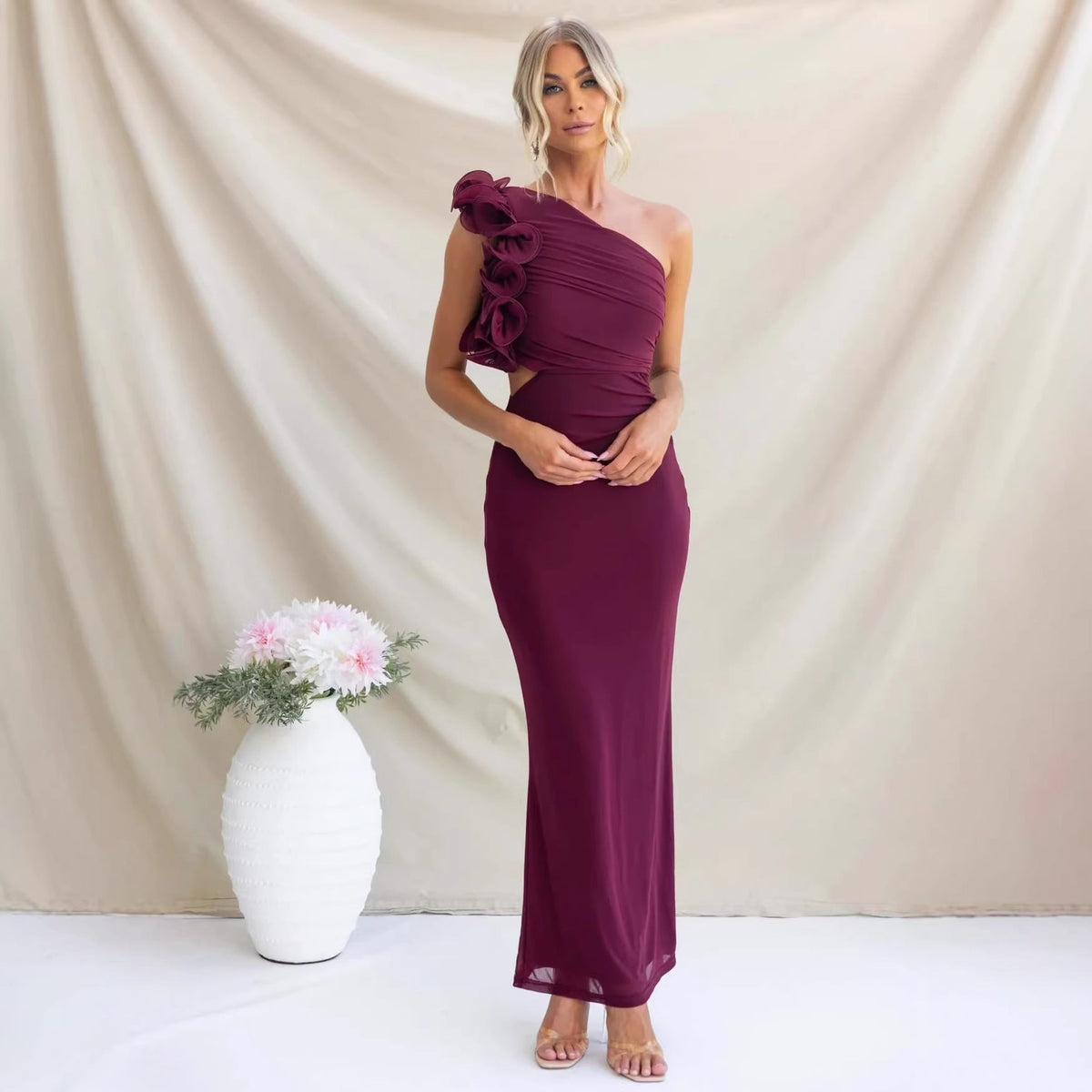 Women's One-Shoulder Maxi Dress Ruffles Wedding Guest – House of Velari