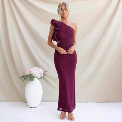 Women's One-Shoulder Maxi Dress Ruffles Wedding Guest – House of Velari