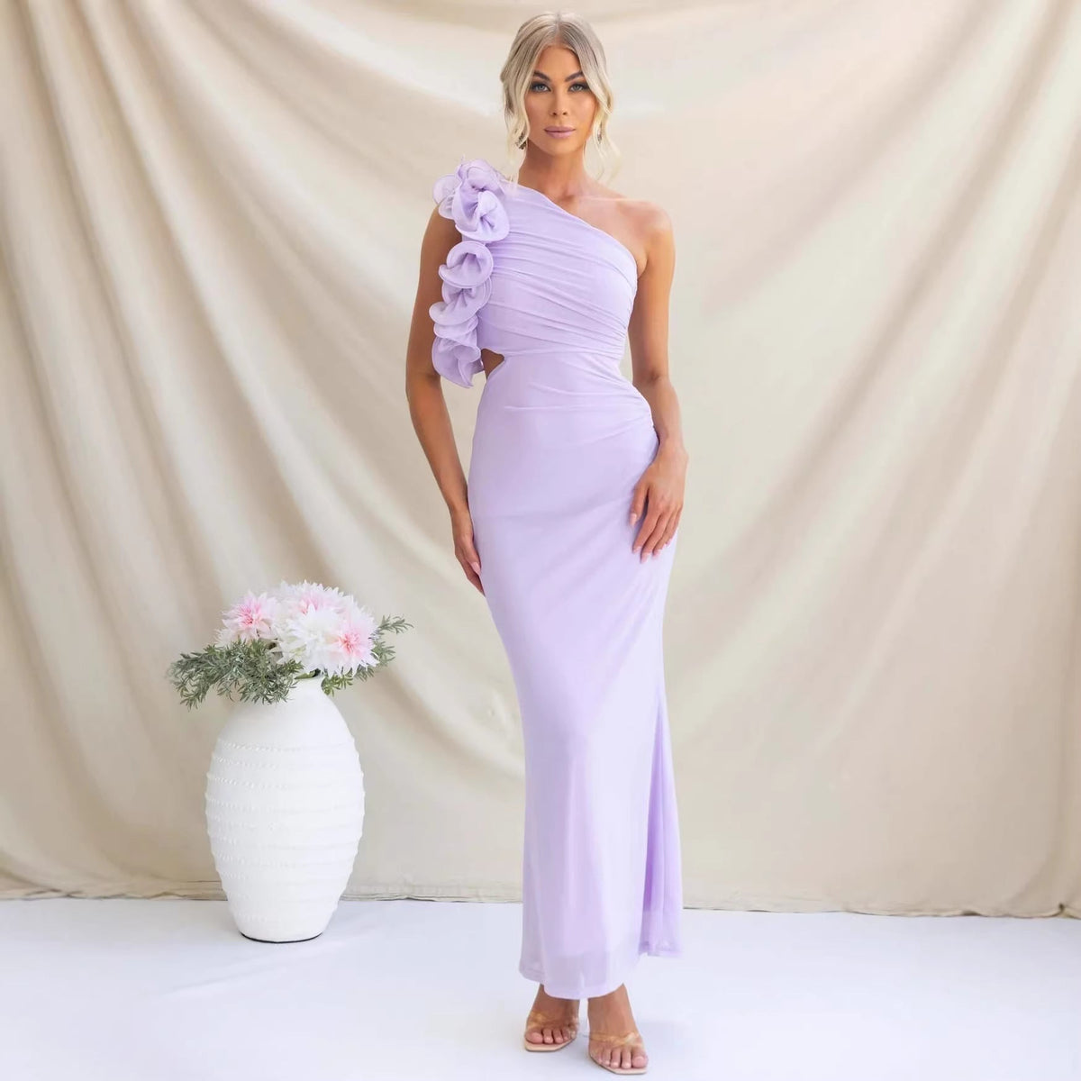 Women's One-Shoulder Maxi Dress Ruffles Wedding Guest – House of Velari