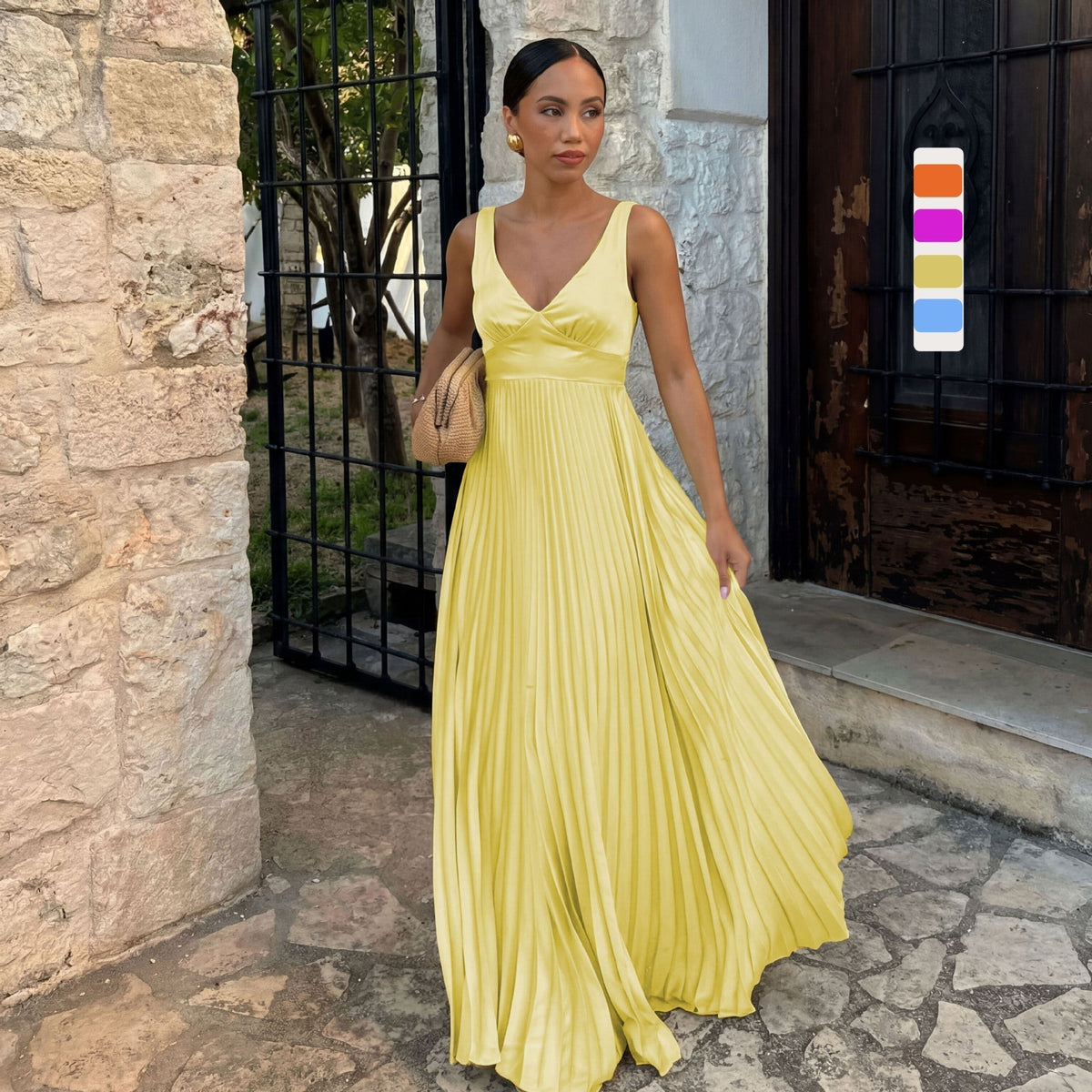 Women's Pleated Maxi Dress V-Neck Sleeveless – House of Velari