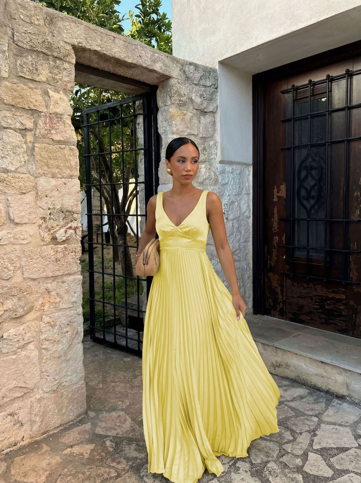 Women's Pleated Maxi Dress V-Neck Wedding Guest – House of Velari