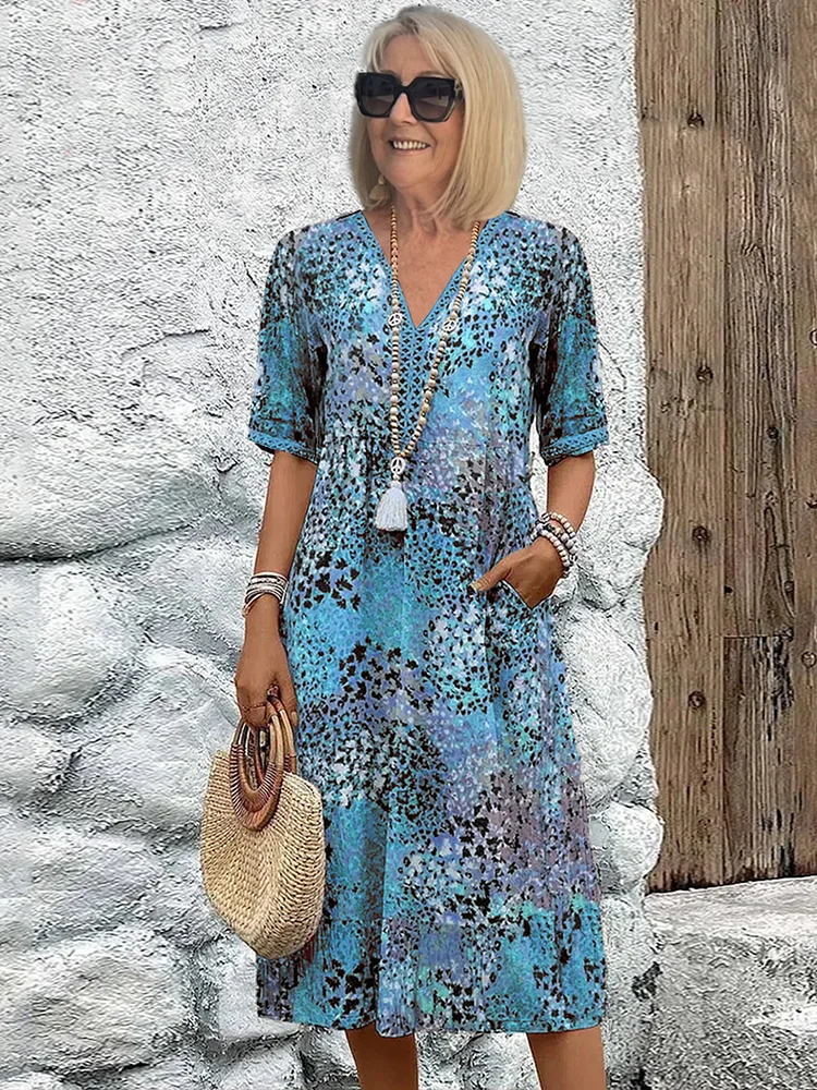 Women's Printed V-Neck Midi Dress Short Sleeve – House of Velari