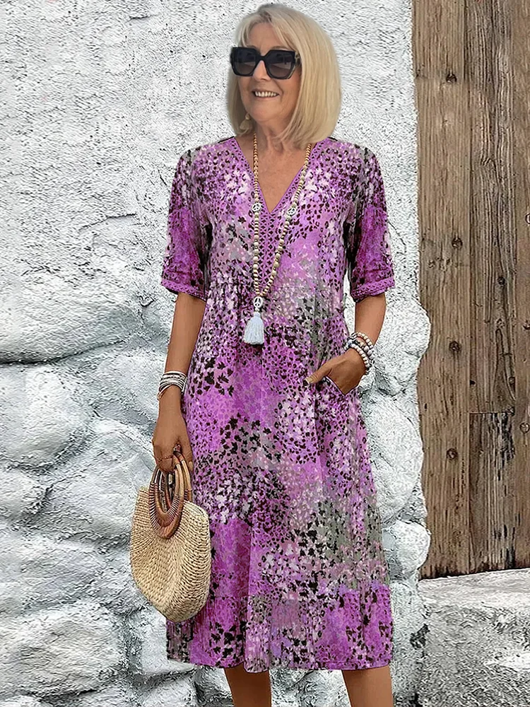Women's Printed V-Neck Midi Dress Short Sleeve – House of Velari