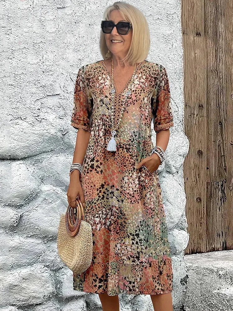 Women's Printed V-Neck Midi Dress Short Sleeve – House of Velari