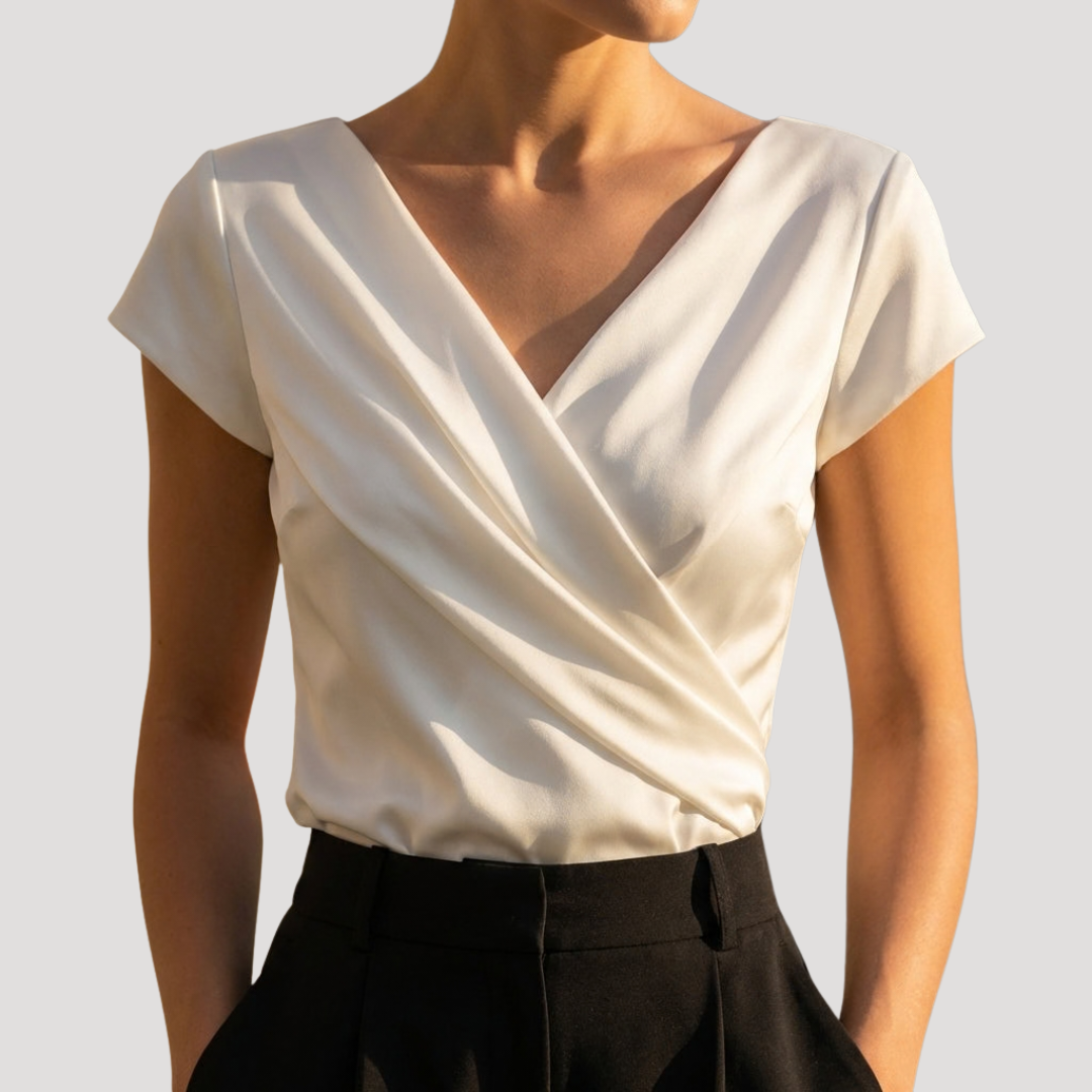 Women's Satin Draped Wrap V-Neck Short Sleeve Top – House of Velari