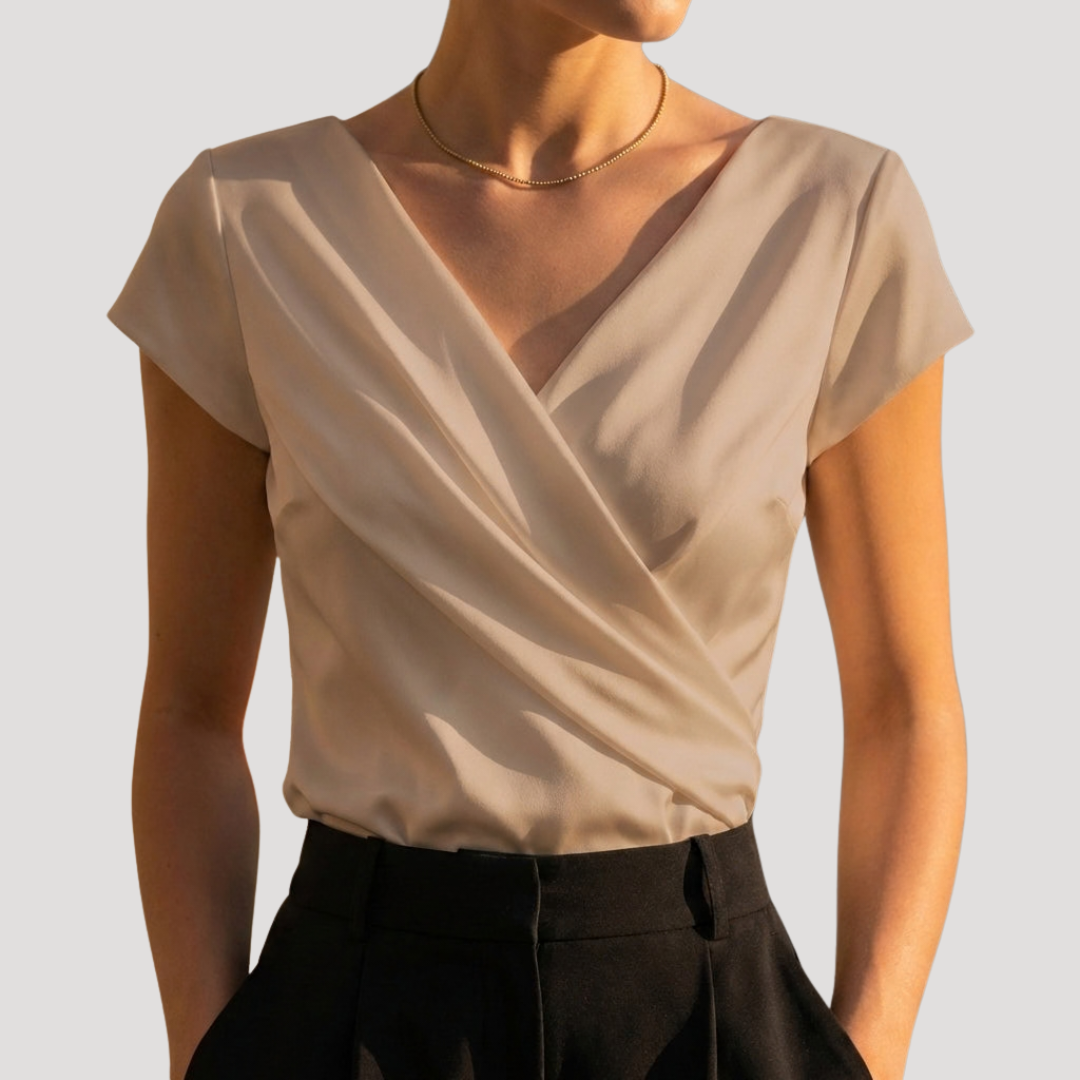 Women's Satin Draped Wrap V-Neck Short Sleeve Top – House of Velari