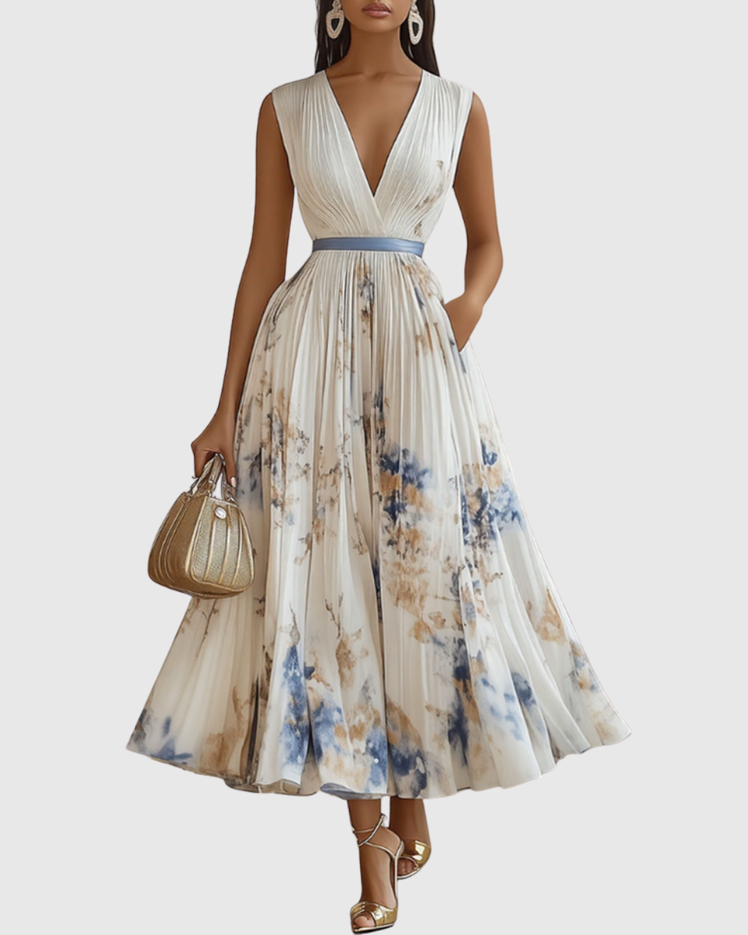 Women's Floral Pleated Midi Dress V-Neck – House of Velari