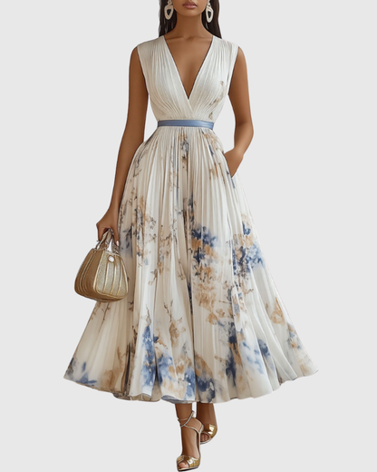 Women's Floral Pleated Midi Dress V-Neck – House of Velari