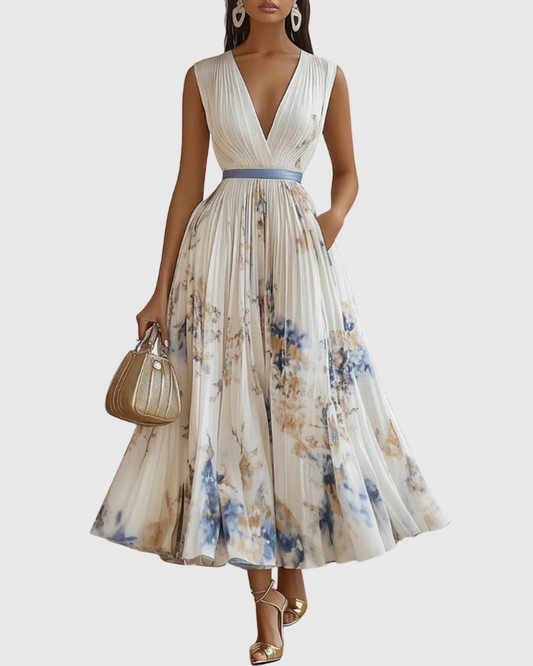 Women's Floral Pleated Midi Dress V-Neck – House of Velari