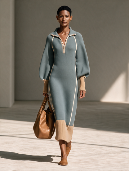 Women's Gray-Blue Collared Half-Zip Contrast-Piping Blouson-Sleeve Wool-Knit Maxi Dress – House of Velari