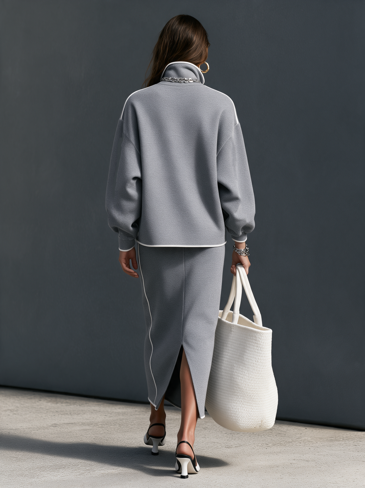 Women's Gray Scuba-Knit Long-Sleeve Top and Skirt Two-Piece Set – House of Velari