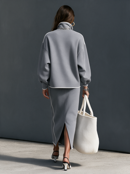 Women's Gray Scuba-Knit Long-Sleeve Top and Skirt Two-Piece Set – House of Velari