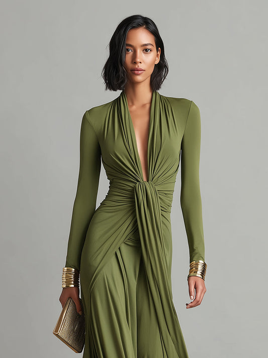 Women's Olive Silky Ruched Maxi Dress – House of Velari