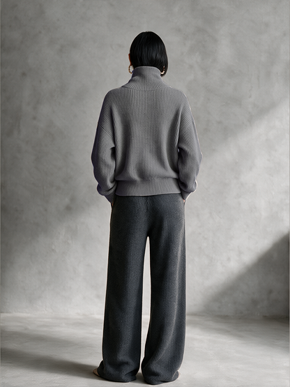 Women's Gray Diagonal‑Zip Funnel Neck Knit Sweater – House of Velari