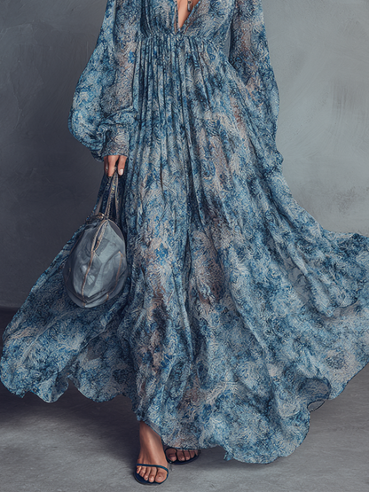 Women's Blue Chiffon Floral Print Maxi Dress – House of Velari