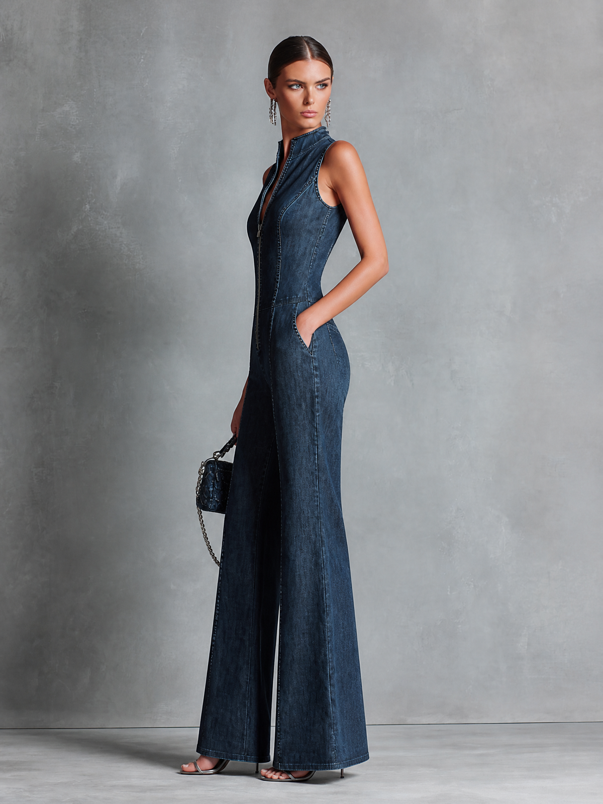 Women's Blue Denim High Neck Sleeveless Jumpsuit – House of Velari