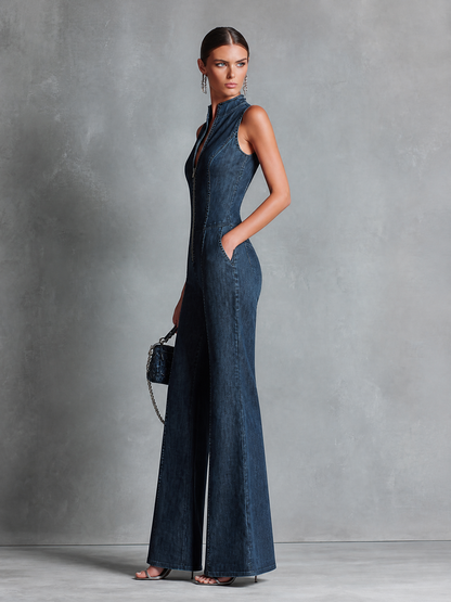 Women's Blue Denim High Neck Sleeveless Jumpsuit – House of Velari