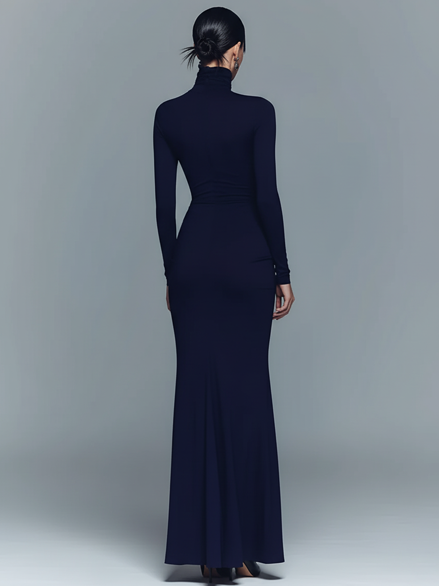 Women's Navy Cotton Turtleneck Maxi Dress – House of Velari
