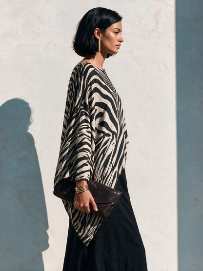 Women's Zebra-Print Asymmetric Hem Cotton-Blend Top – House of Velari
