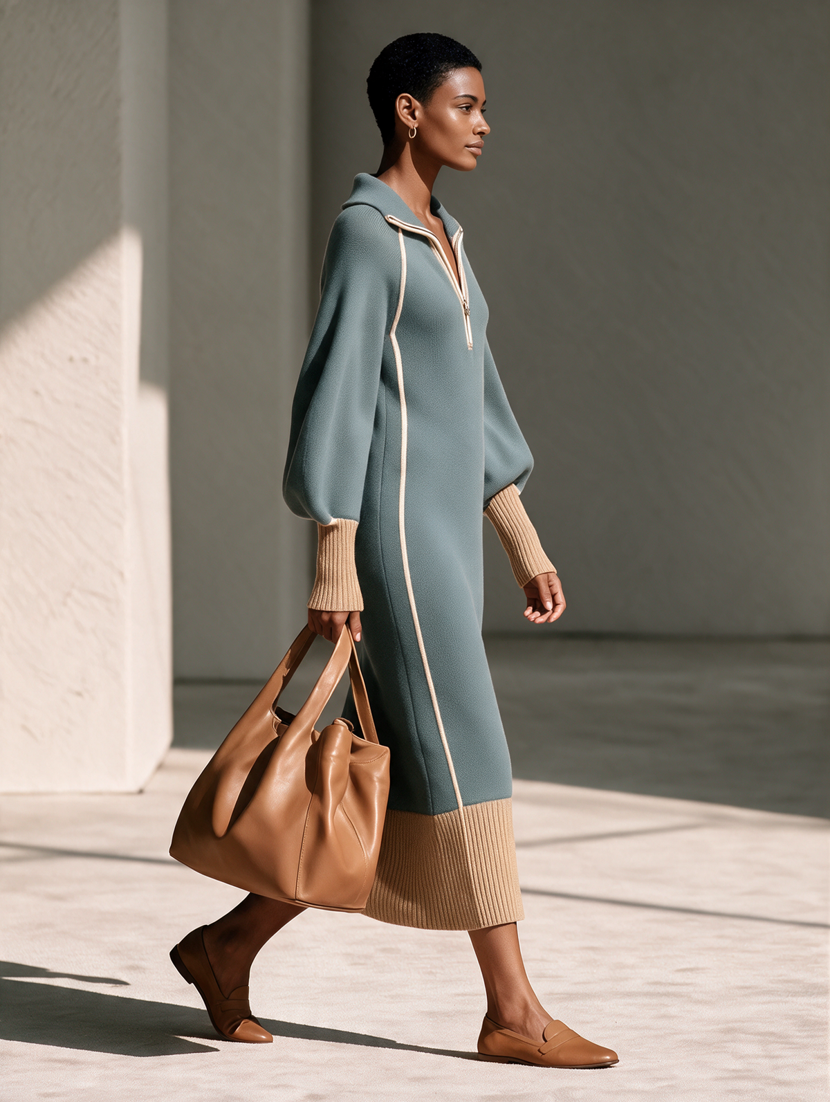 Women's Gray-Blue Collared Half-Zip Contrast-Piping Blouson-Sleeve Wool-Knit Maxi Dress – House of Velari